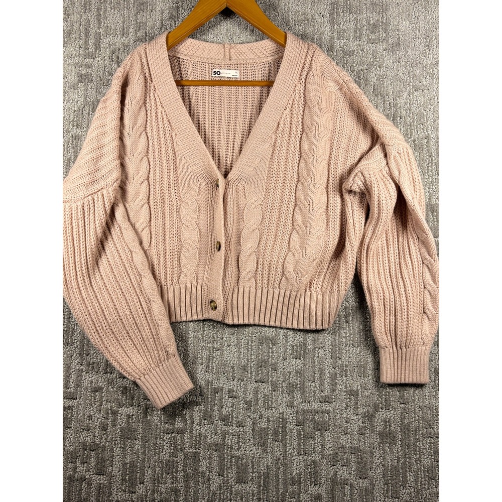 SO Cardigan XL Pink Cable Knit Cropped V-Neck Button Front Sweater